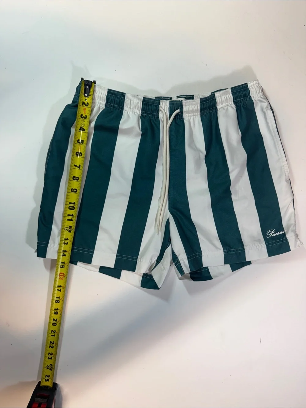 Green and White Vertical Stripe Swim Shorts